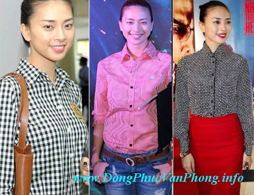 Nếu bạn yêu thích vẻ đẹp cá tính thì nên chọn đồng phục công sở áo sơ mi kể sọc như Ngô Thanh Vân nhé!